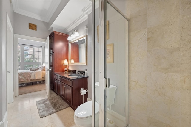 bathroom with vanity, ornamental molding, toilet, and walk in shower