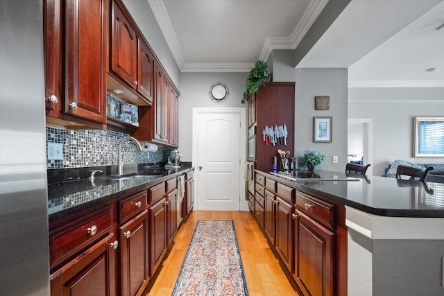 kitchen featuring sink, tasteful backsplash, light wood-type flooring, ornamental molding, and stainless steel appliances