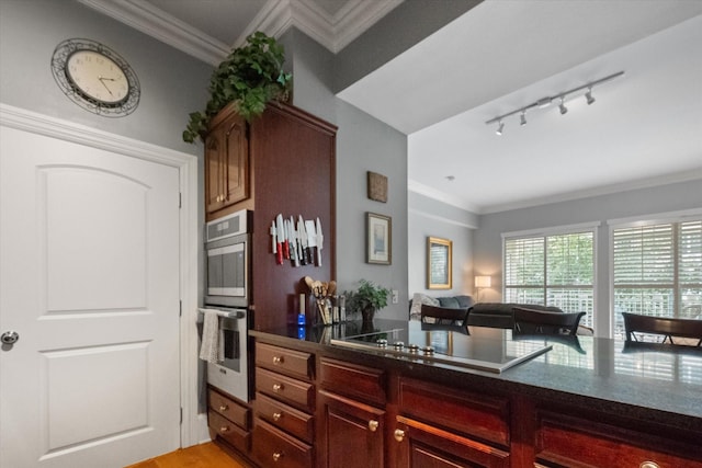 kitchen with black electric stovetop, ornamental molding, rail lighting, and stainless steel double oven