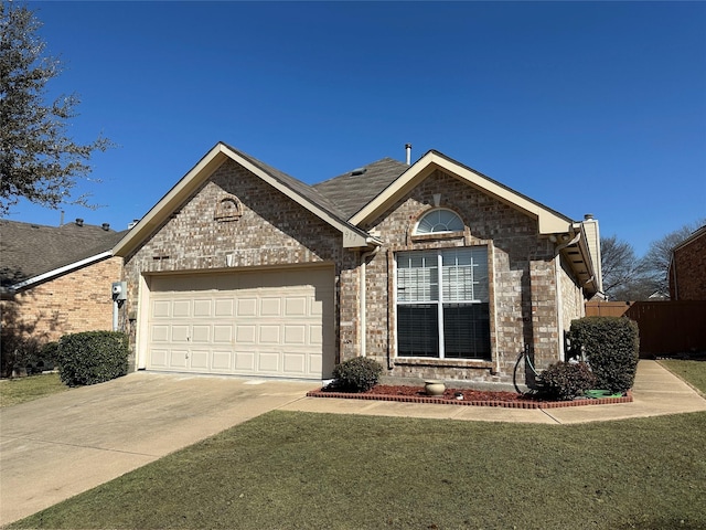 ranch-style home featuring driveway, a garage, brick siding, fence, and a front yard