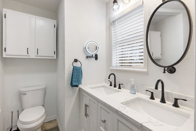 bathroom featuring vanity, wood-type flooring, and toilet