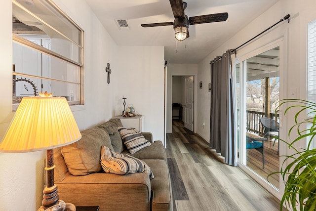 living room featuring ceiling fan and hardwood / wood-style floors