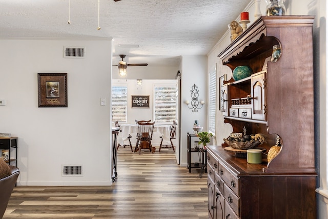 hall featuring dark hardwood / wood-style floors and a textured ceiling