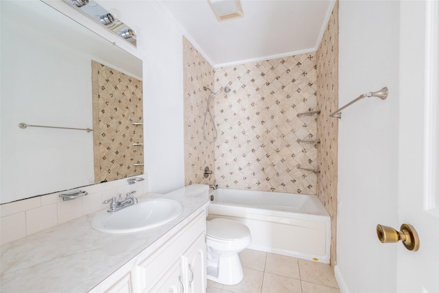 full bathroom featuring vanity, tile patterned floors, toilet, and bathtub / shower combination