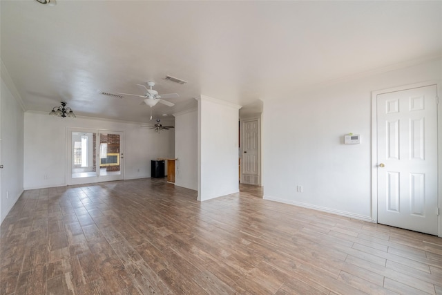 unfurnished living room with crown molding, ceiling fan, and light wood-type flooring