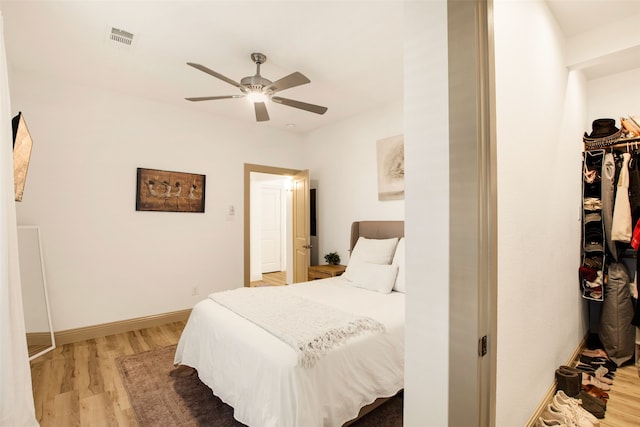 bedroom with ceiling fan and wood-type flooring