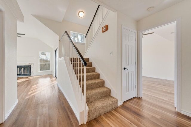 staircase featuring hardwood / wood-style flooring and a premium fireplace