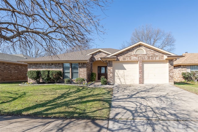 ranch-style home with a garage and a front yard