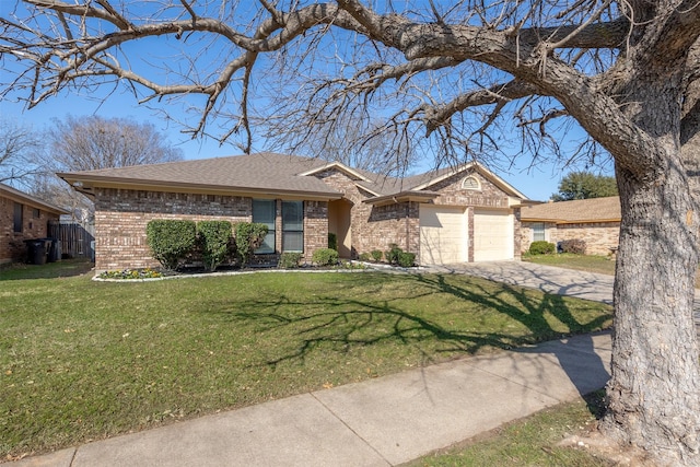 ranch-style home with a garage and a front lawn