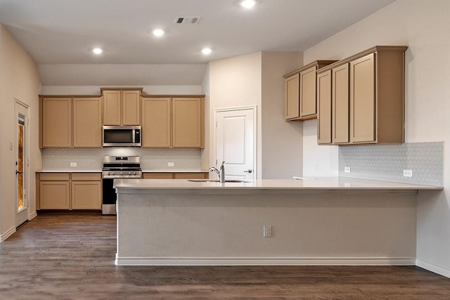 kitchen featuring stainless steel appliances, tasteful backsplash, sink, and dark hardwood / wood-style flooring