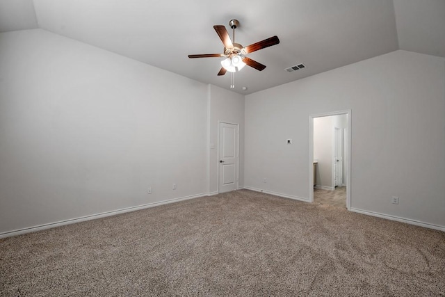 unfurnished bedroom with lofted ceiling, carpet floors, and ceiling fan