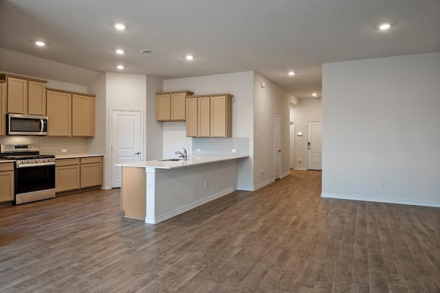 kitchen featuring hardwood / wood-style flooring, stainless steel appliances, sink, and tasteful backsplash