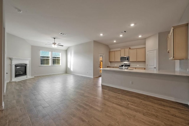 kitchen featuring appliances with stainless steel finishes, wood-type flooring, lofted ceiling, sink, and ceiling fan