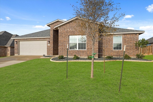 ranch-style house with a front lawn, concrete driveway, brick siding, and an attached garage