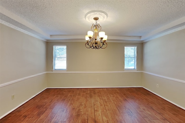 spare room featuring a raised ceiling, wood-type flooring, and a healthy amount of sunlight