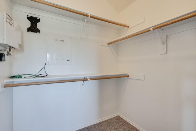 spacious closet featuring water heater and carpet floors