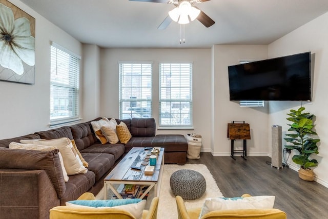 living room featuring dark wood-type flooring and ceiling fan