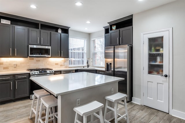 kitchen featuring a breakfast bar area, decorative backsplash, a center island, stainless steel appliances, and light wood-type flooring