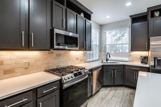 kitchen featuring sink, backsplash, stainless steel appliances, and light wood-type flooring