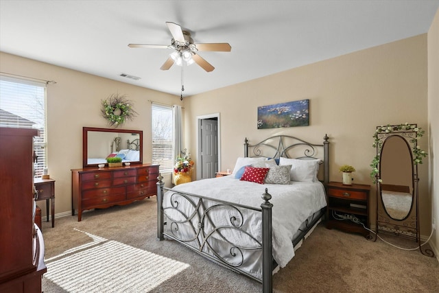 bedroom with multiple windows, ceiling fan, and carpet