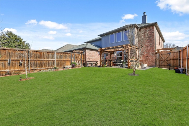 back of property with a pergola and a lawn