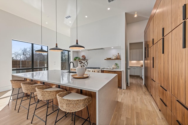 kitchen featuring hanging light fixtures, a large island with sink, light hardwood / wood-style floors, a high ceiling, and backsplash