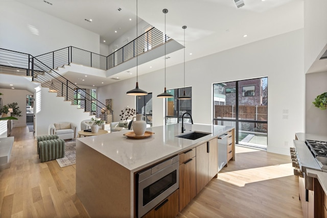 kitchen with sink, hanging light fixtures, light hardwood / wood-style flooring, stainless steel appliances, and a kitchen island with sink