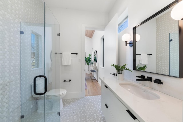 bathroom with vanity, an enclosed shower, and toilet