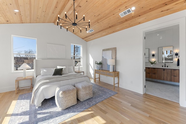 bedroom with an inviting chandelier, ensuite bath, vaulted ceiling, wooden ceiling, and light hardwood / wood-style floors