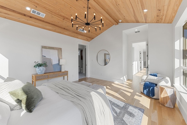 bedroom with a notable chandelier, lofted ceiling, light hardwood / wood-style flooring, and wooden ceiling