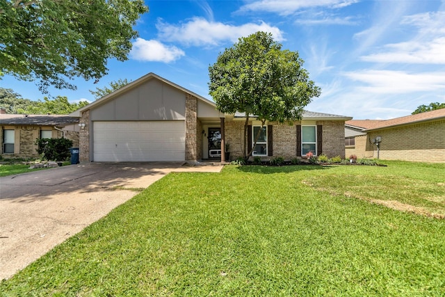 ranch-style house with a garage and a front lawn