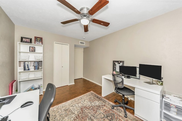 home office featuring ceiling fan and dark hardwood / wood-style flooring