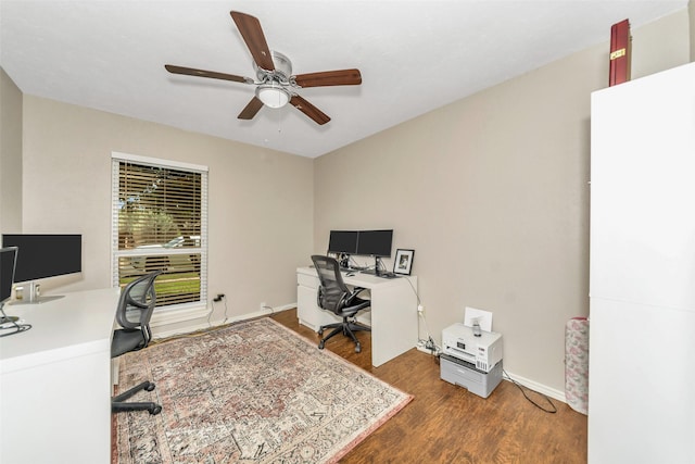 office area with ceiling fan and wood-type flooring