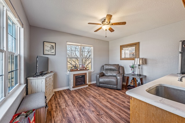 interior space with wood-type flooring, sink, ceiling fan, and a textured ceiling