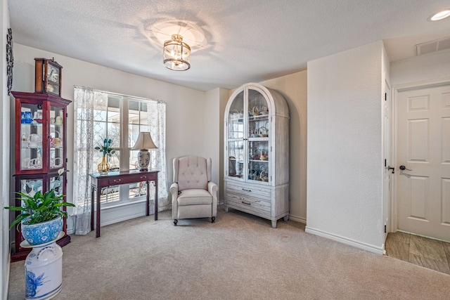 living area with a healthy amount of sunlight, light carpet, and a textured ceiling