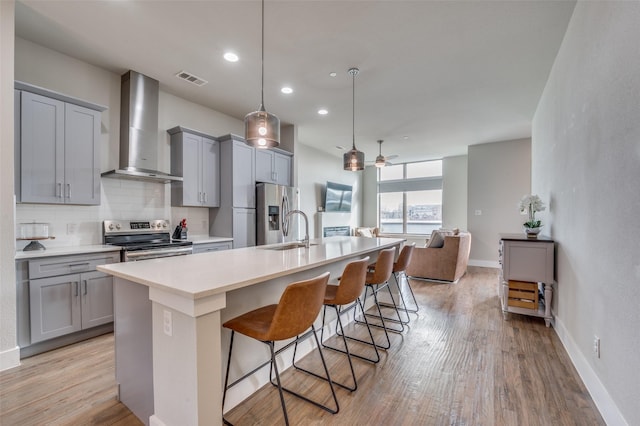 kitchen with wall chimney exhaust hood, a breakfast bar area, a center island with sink, pendant lighting, and stainless steel appliances