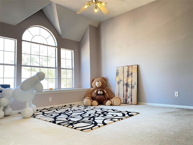 interior space with ceiling fan, lofted ceiling, carpet floors, and a textured ceiling