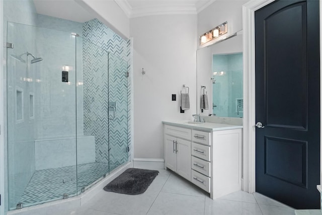 bathroom with crown molding, tile patterned floors, vanity, and walk in shower