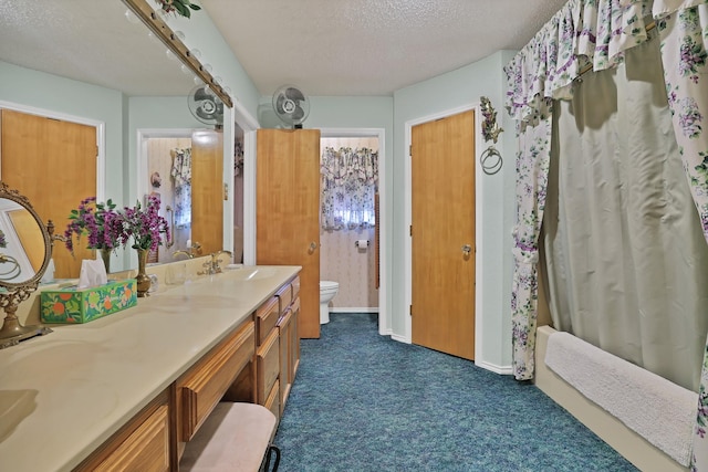 bathroom featuring vanity, a textured ceiling, and toilet