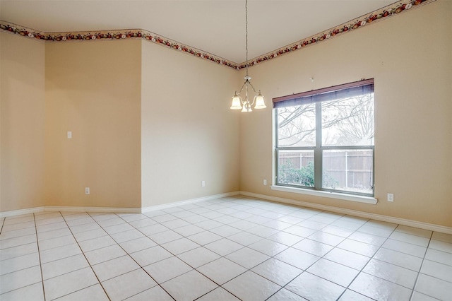 unfurnished room featuring light tile patterned floors and a notable chandelier