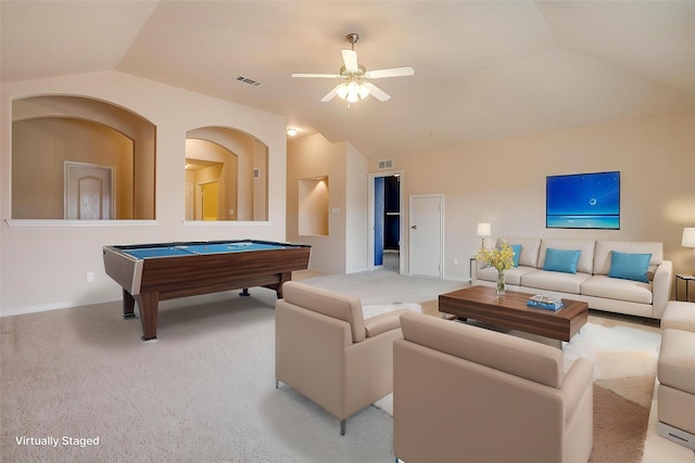 630 Celeste Ln, Burleson, TX 76028 - playroom featuring vaulted ceiling, billiards, a ceiling fan, light carpet, and baseboards