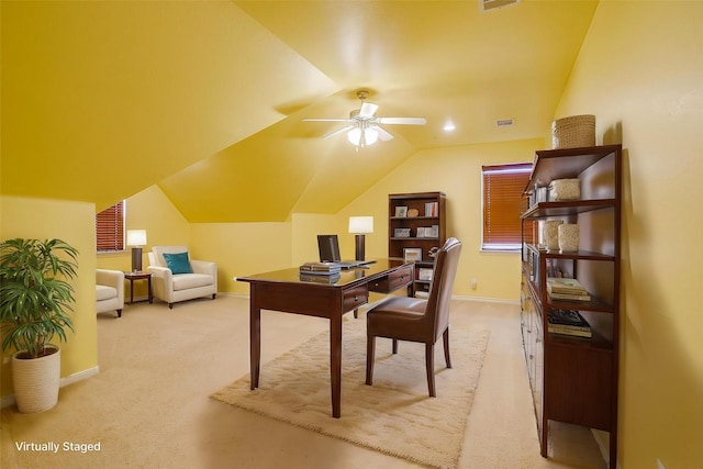 630 Celeste Ln, Burleson, TX 76028 - office area featuring light carpet, a ceiling fan, baseboards, and vaulted ceiling