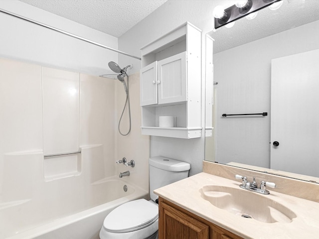 full bathroom with vanity, shower / bathtub combination, a textured ceiling, and toilet