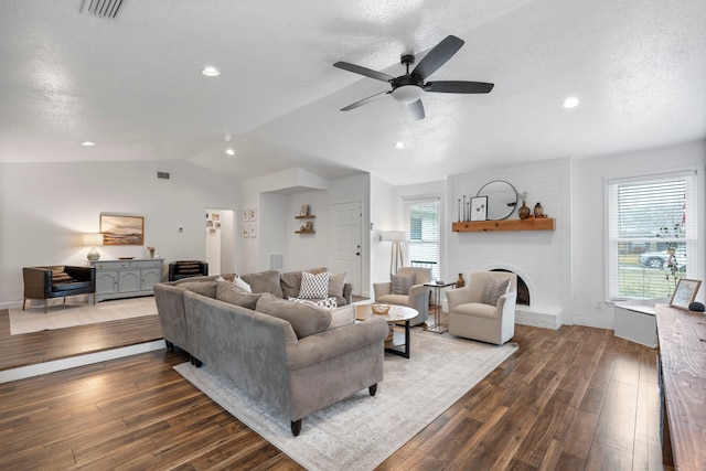 living room with dark wood-type flooring, vaulted ceiling, a textured ceiling, and a healthy amount of sunlight