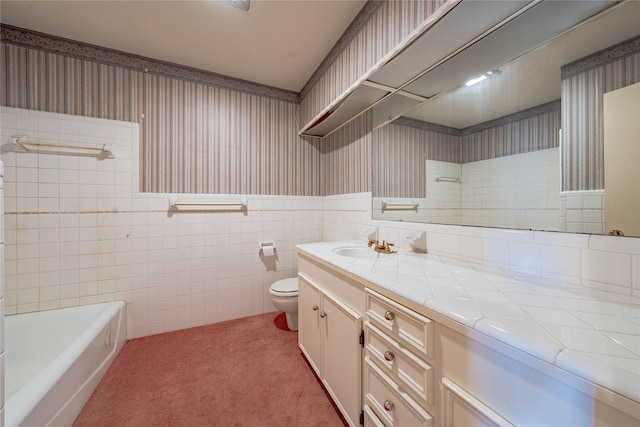 full bathroom featuring a wainscoted wall, carpet floors, vanity, and wallpapered walls