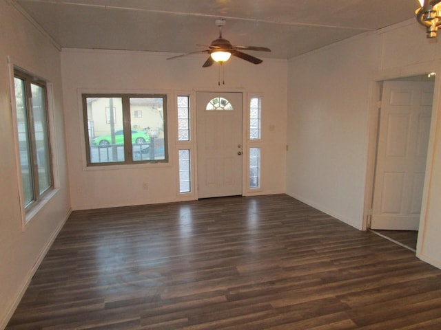 entrance foyer featuring dark hardwood / wood-style flooring and ceiling fan