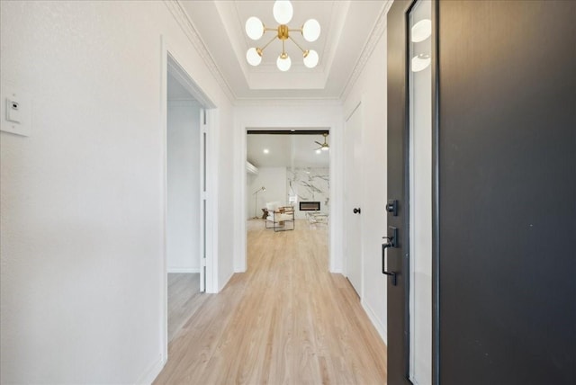 hallway with crown molding, a tray ceiling, and light hardwood / wood-style floors