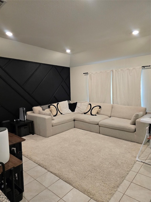 living room with light tile patterned flooring