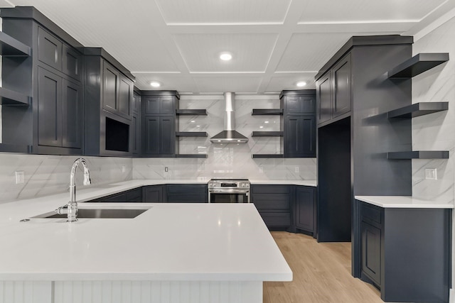 kitchen featuring wall chimney exhaust hood, sink, stainless steel range with electric cooktop, light wood-type flooring, and backsplash