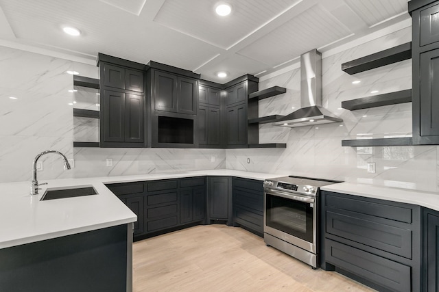 kitchen with sink, backsplash, electric range, light wood-type flooring, and wall chimney exhaust hood